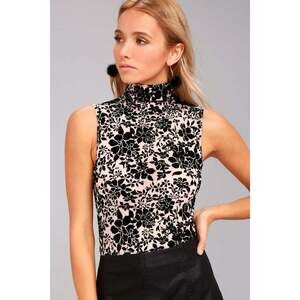 Lulus Passionate Days Nude And Black Velvet Floral Print Bodysuit Beige